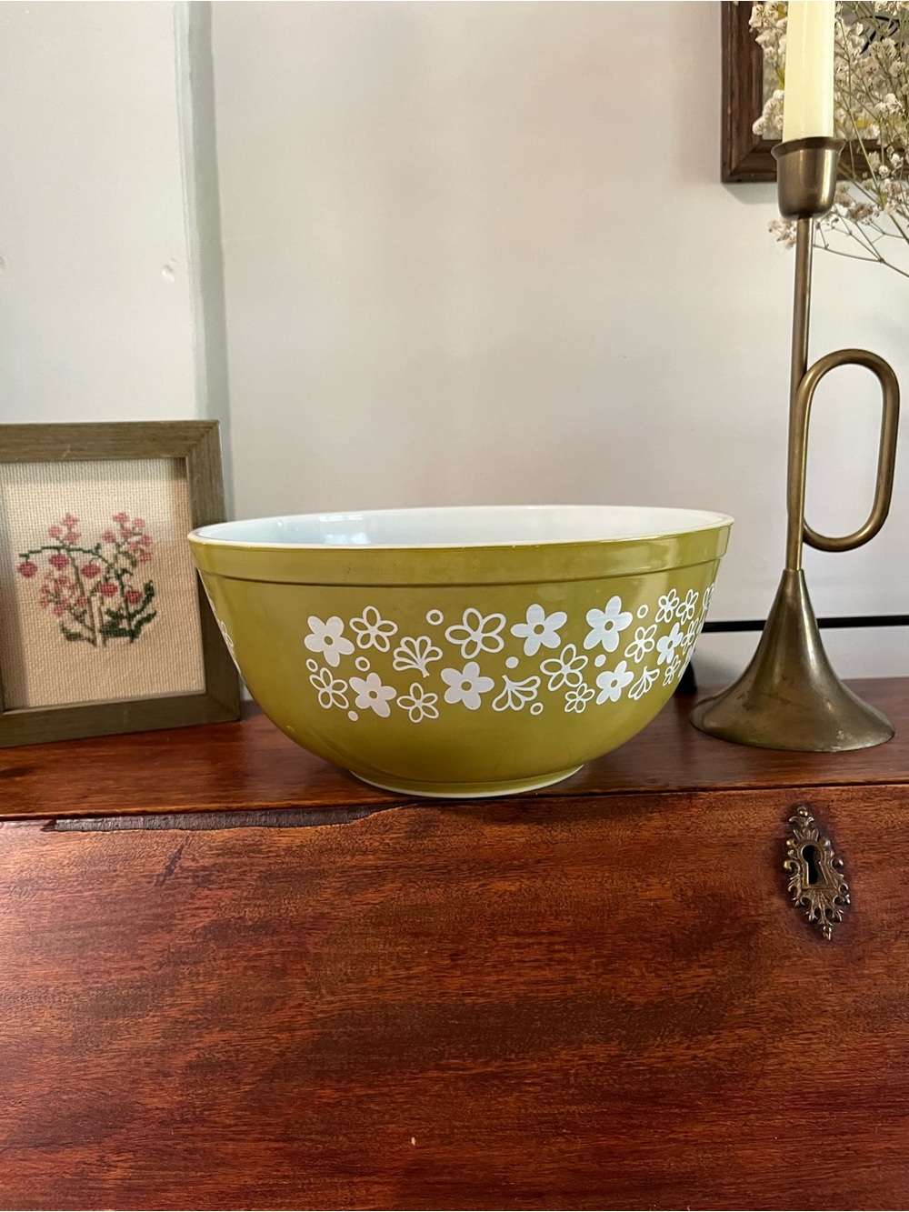 Vintage Pyrex green and white Spring Blossom glass bowl